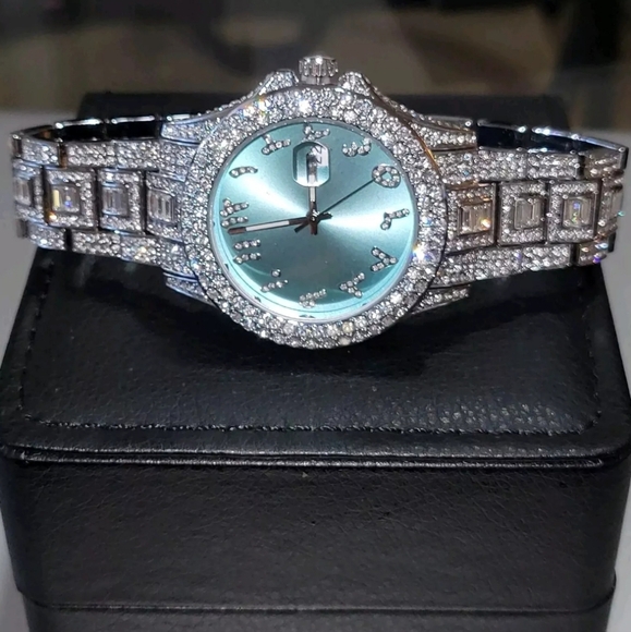 Mens Luxury Full Iced Out Simulated Diamond CZ SilverPlated Arabic Numeral Watch - Picture 3 of 10